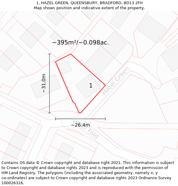 1, HAZEL GREEN, QUEENSBURY, BRADFORD, BD13 2FH: Plot and title map