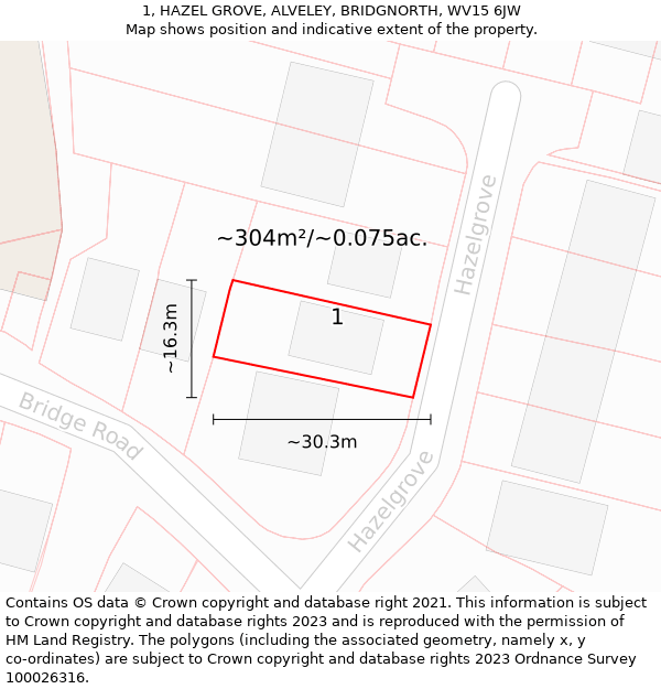 1, HAZEL GROVE, ALVELEY, BRIDGNORTH, WV15 6JW: Plot and title map