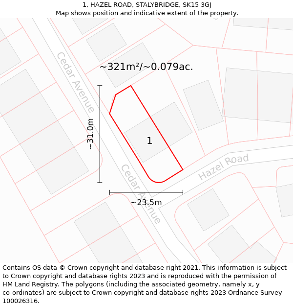 1, HAZEL ROAD, STALYBRIDGE, SK15 3GJ: Plot and title map