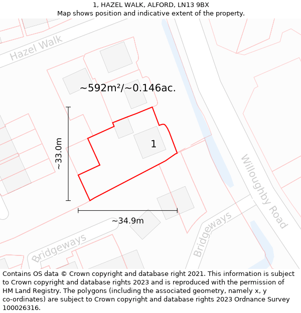 1, HAZEL WALK, ALFORD, LN13 9BX: Plot and title map