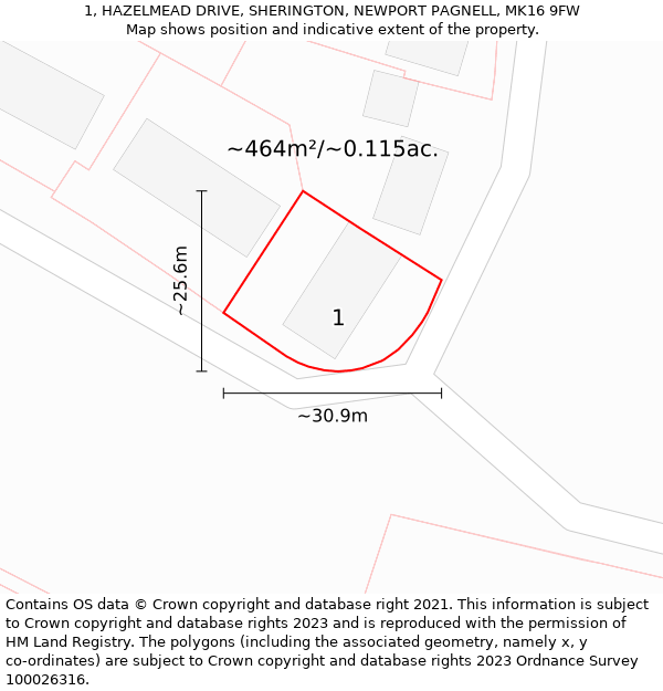 1, HAZELMEAD DRIVE, SHERINGTON, NEWPORT PAGNELL, MK16 9FW: Plot and title map