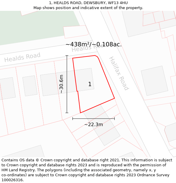 1, HEALDS ROAD, DEWSBURY, WF13 4HU: Plot and title map