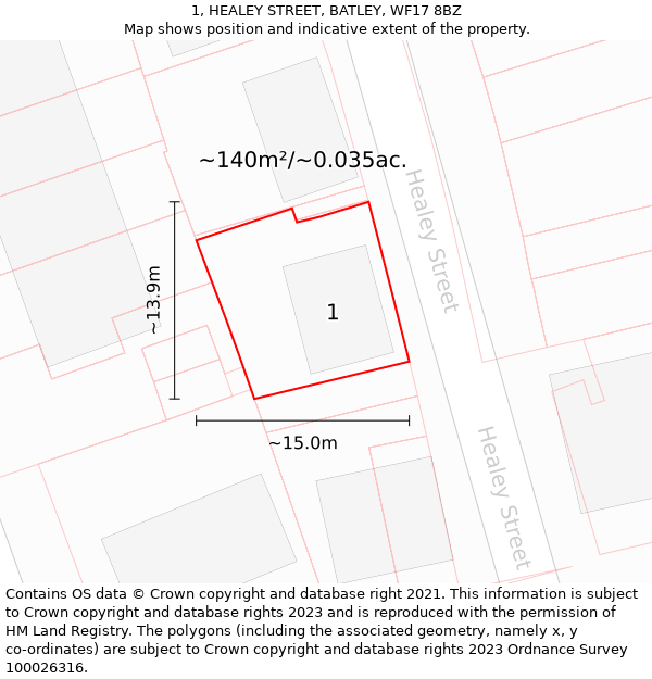 1, HEALEY STREET, BATLEY, WF17 8BZ: Plot and title map