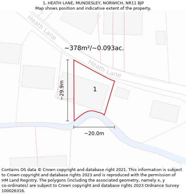 1, HEATH LANE, MUNDESLEY, NORWICH, NR11 8JP: Plot and title map