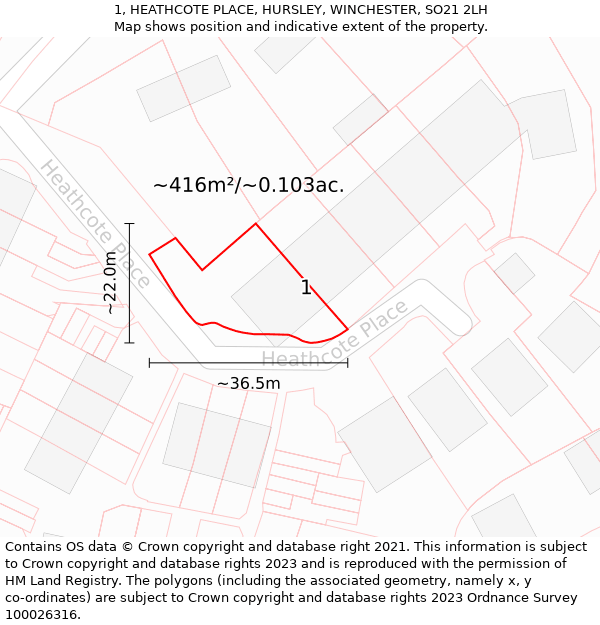 1, HEATHCOTE PLACE, HURSLEY, WINCHESTER, SO21 2LH: Plot and title map