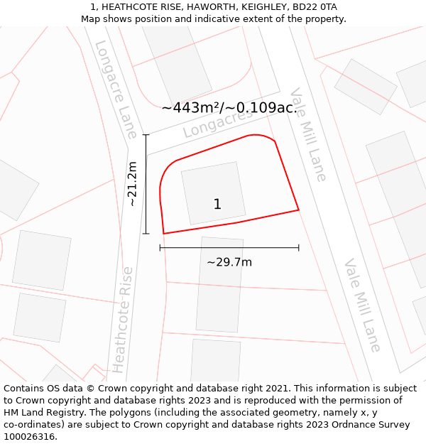 1, HEATHCOTE RISE, HAWORTH, KEIGHLEY, BD22 0TA: Plot and title map