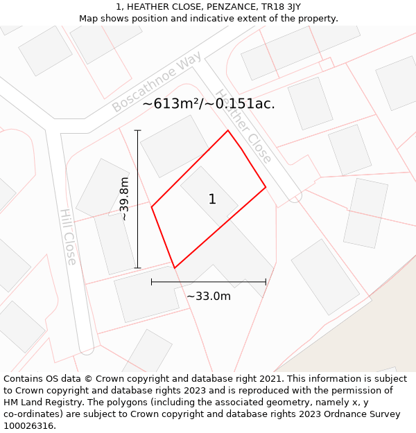 1, HEATHER CLOSE, PENZANCE, TR18 3JY: Plot and title map