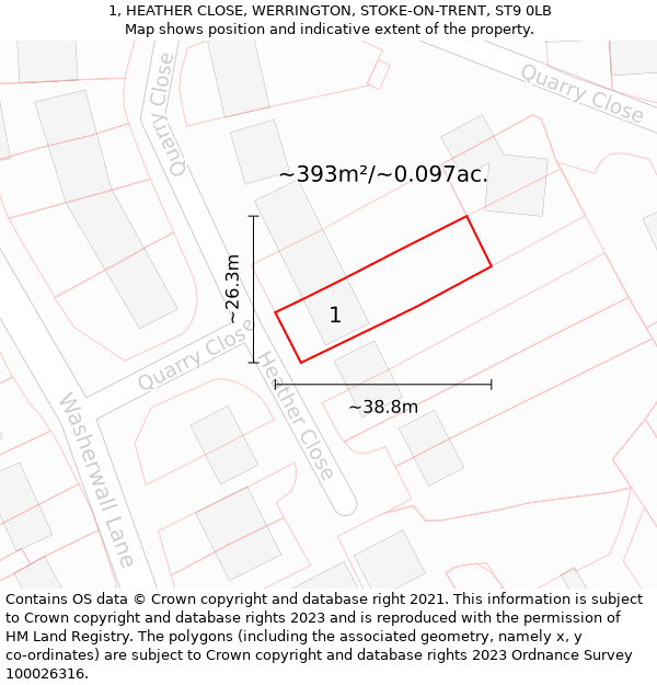 1, HEATHER CLOSE, WERRINGTON, STOKE-ON-TRENT, ST9 0LB: Plot and title map