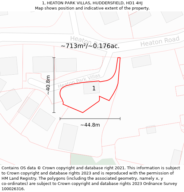 1, HEATON PARK VILLAS, HUDDERSFIELD, HD1 4HJ: Plot and title map