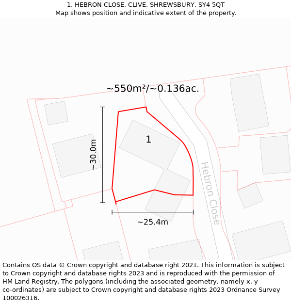 1, HEBRON CLOSE, CLIVE, SHREWSBURY, SY4 5QT: Plot and title map