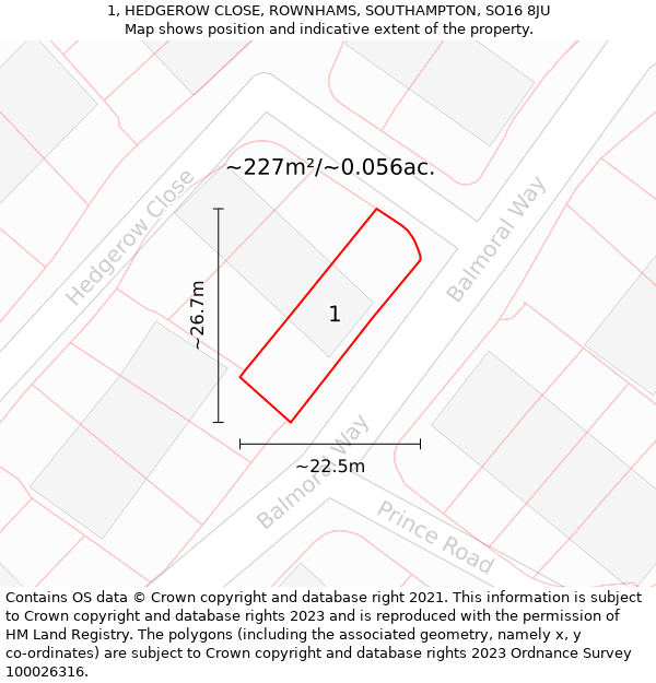 1, HEDGEROW CLOSE, ROWNHAMS, SOUTHAMPTON, SO16 8JU: Plot and title map