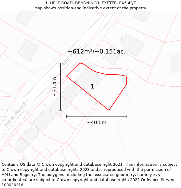 1, HELE ROAD, BRADNINCH, EXETER, EX5 4QZ: Plot and title map