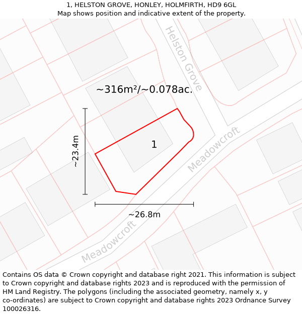 1, HELSTON GROVE, HONLEY, HOLMFIRTH, HD9 6GL: Plot and title map