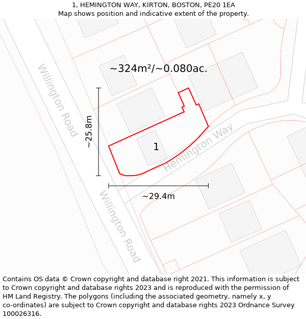 1, HEMINGTON WAY, KIRTON, BOSTON, PE20 1EA: Plot and title map