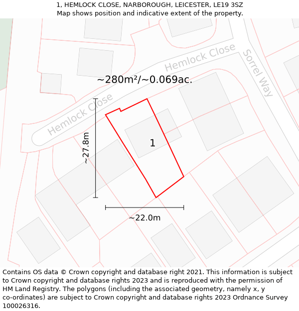 1, HEMLOCK CLOSE, NARBOROUGH, LEICESTER, LE19 3SZ: Plot and title map