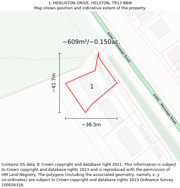 1, HENLISTON DRIVE, HELSTON, TR13 8BW: Plot and title map