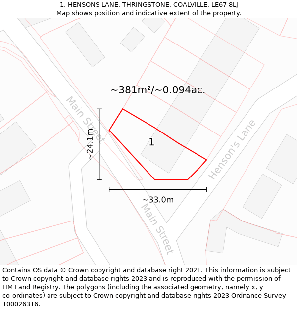 1, HENSONS LANE, THRINGSTONE, COALVILLE, LE67 8LJ: Plot and title map