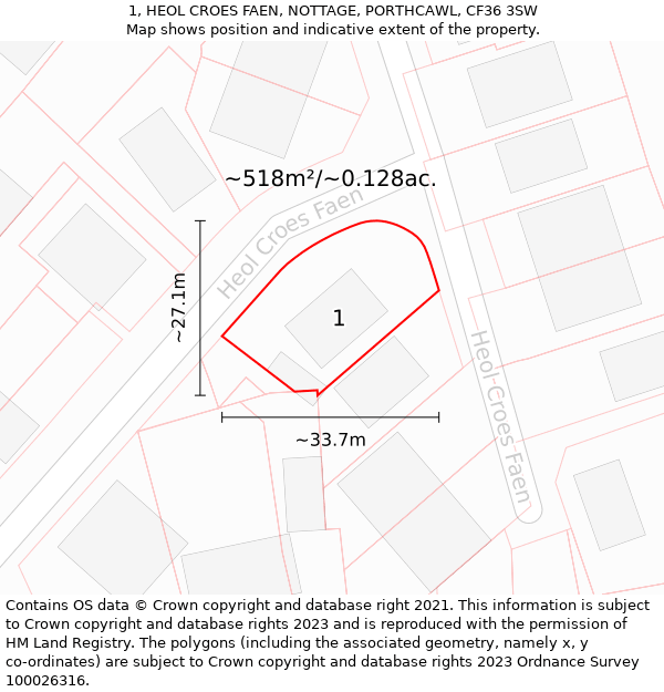 1, HEOL CROES FAEN, NOTTAGE, PORTHCAWL, CF36 3SW: Plot and title map