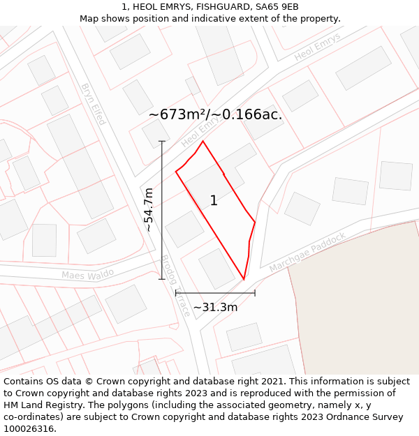 1, HEOL EMRYS, FISHGUARD, SA65 9EB: Plot and title map