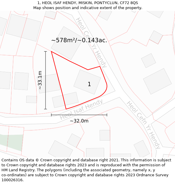 1, HEOL ISAF HENDY, MISKIN, PONTYCLUN, CF72 8QS: Plot and title map