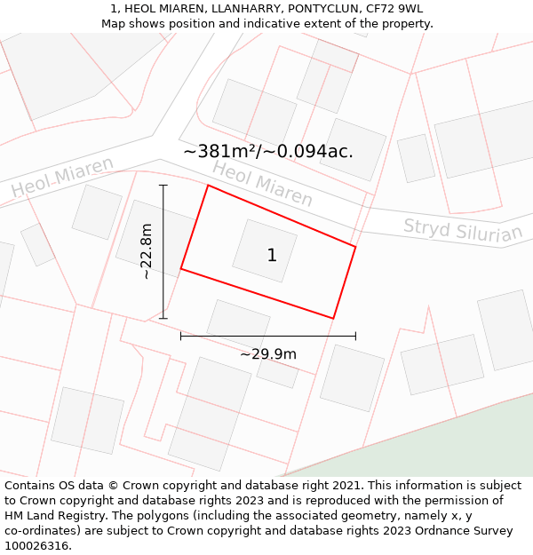 1, HEOL MIAREN, LLANHARRY, PONTYCLUN, CF72 9WL: Plot and title map