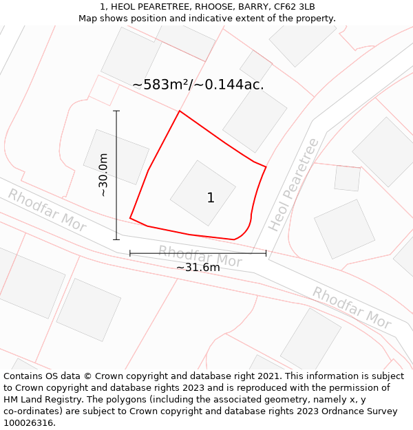 1, HEOL PEARETREE, RHOOSE, BARRY, CF62 3LB: Plot and title map