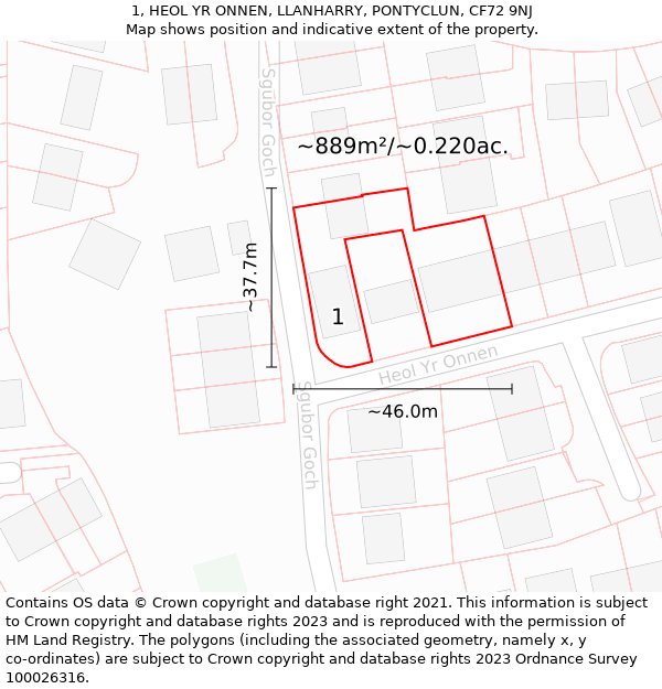 1, HEOL YR ONNEN, LLANHARRY, PONTYCLUN, CF72 9NJ: Plot and title map