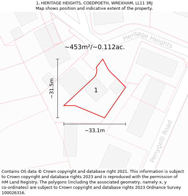 1, HERITAGE HEIGHTS, COEDPOETH, WREXHAM, LL11 3RJ: Plot and title map