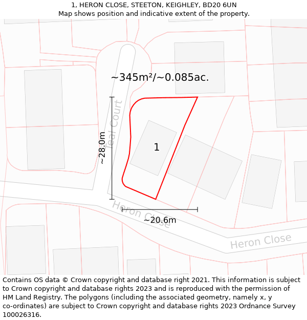 1, HERON CLOSE, STEETON, KEIGHLEY, BD20 6UN: Plot and title map