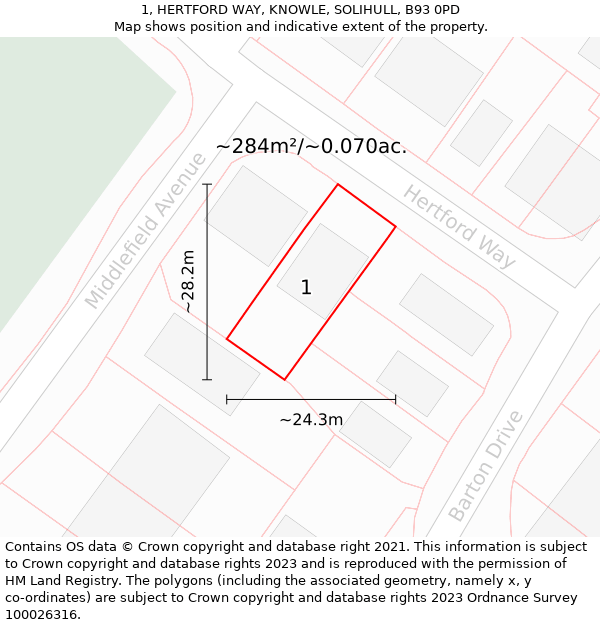 1, HERTFORD WAY, KNOWLE, SOLIHULL, B93 0PD: Plot and title map