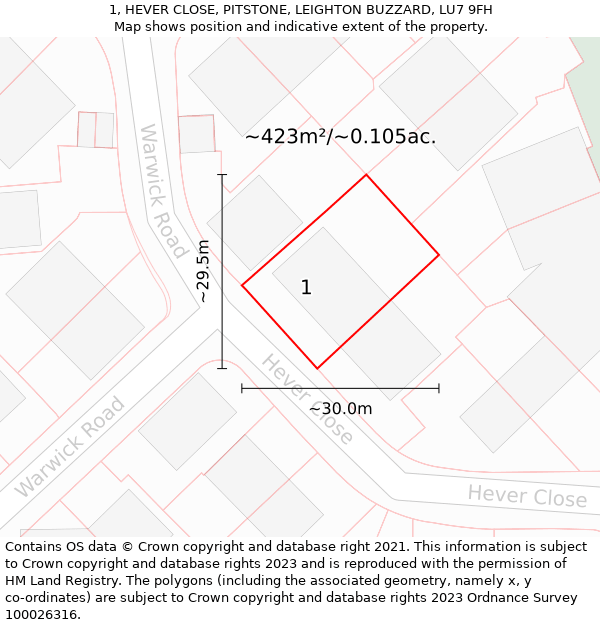 1, HEVER CLOSE, PITSTONE, LEIGHTON BUZZARD, LU7 9FH: Plot and title map