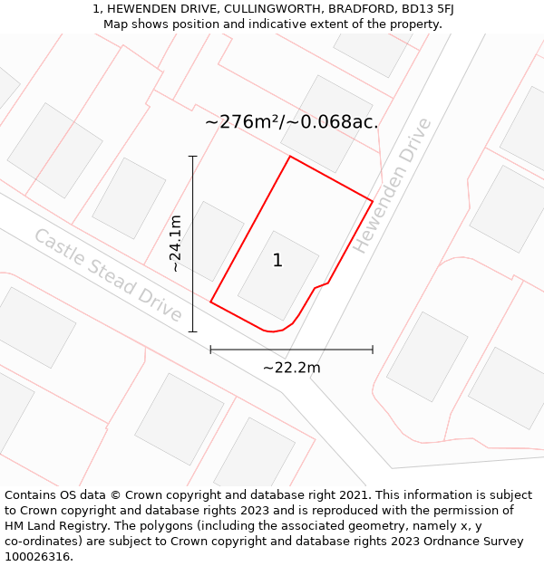 1, HEWENDEN DRIVE, CULLINGWORTH, BRADFORD, BD13 5FJ: Plot and title map