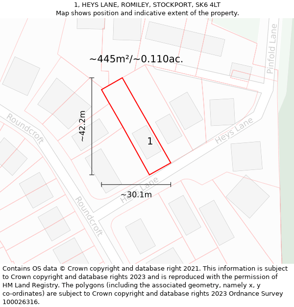 1, HEYS LANE, ROMILEY, STOCKPORT, SK6 4LT: Plot and title map