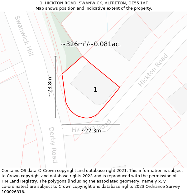 1, HICKTON ROAD, SWANWICK, ALFRETON, DE55 1AF: Plot and title map