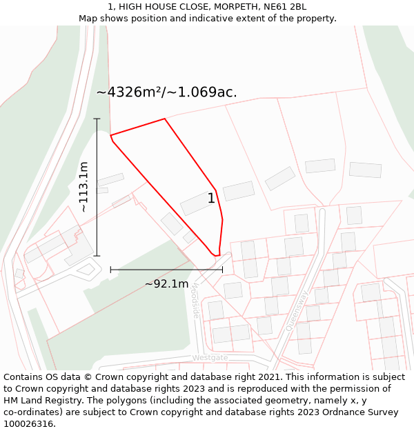 1, HIGH HOUSE CLOSE, MORPETH, NE61 2BL: Plot and title map