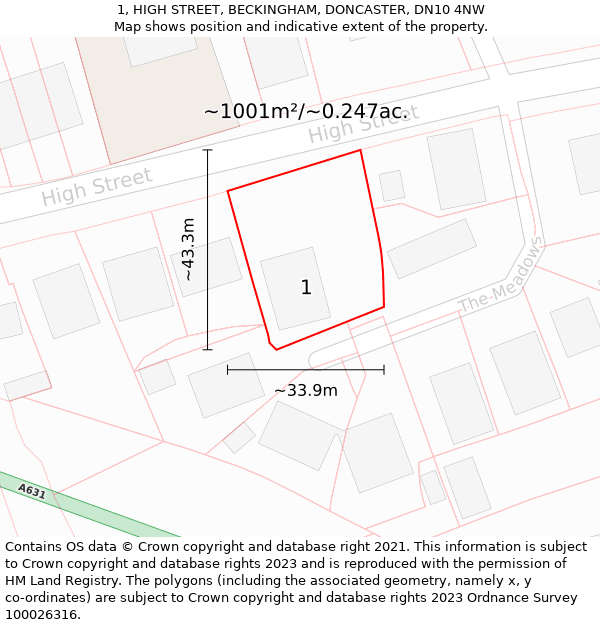 1, HIGH STREET, BECKINGHAM, DONCASTER, DN10 4NW: Plot and title map