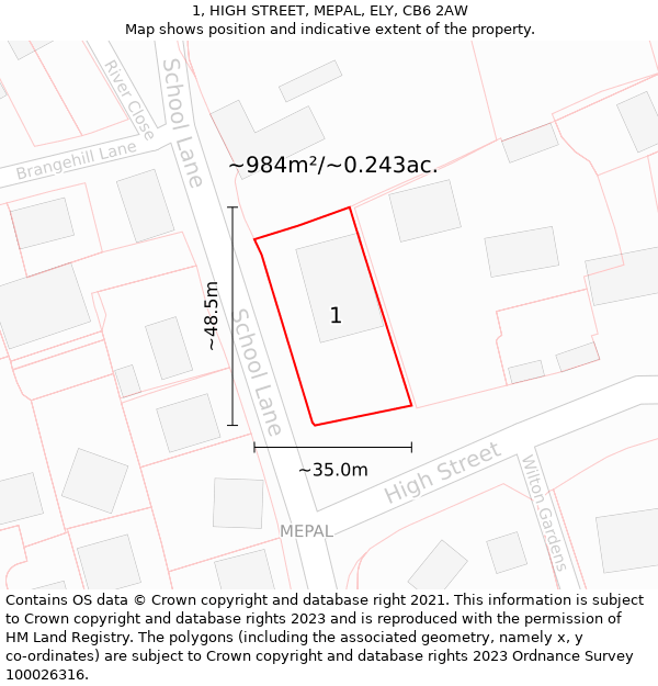 1, HIGH STREET, MEPAL, ELY, CB6 2AW: Plot and title map