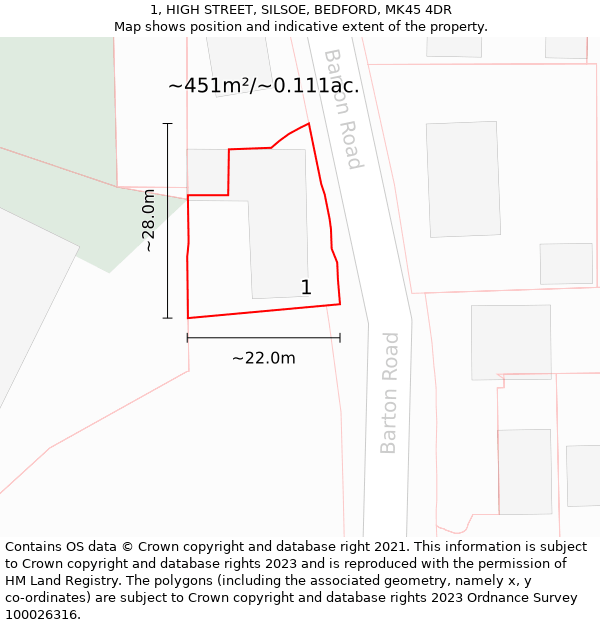 1, HIGH STREET, SILSOE, BEDFORD, MK45 4DR: Plot and title map