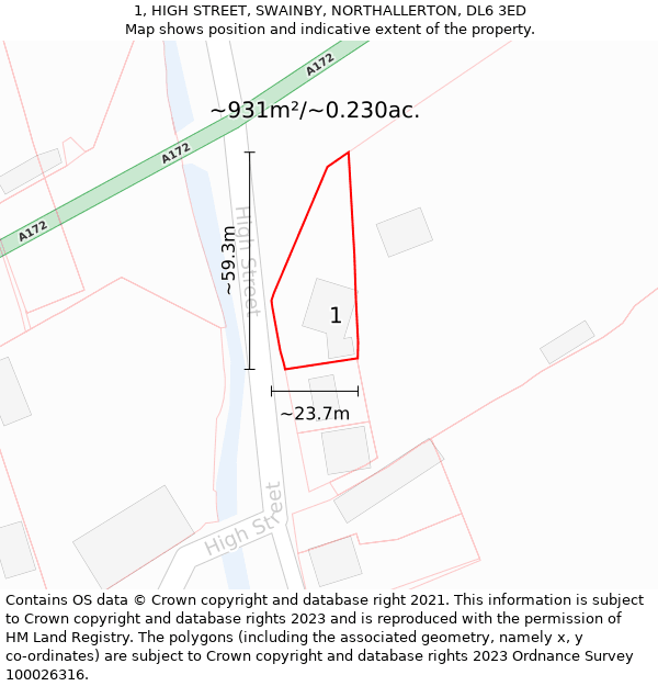 1, HIGH STREET, SWAINBY, NORTHALLERTON, DL6 3ED: Plot and title map