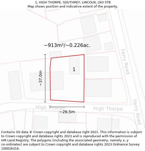 1, HIGH THORPE, SOUTHREY, LINCOLN, LN3 5TB: Plot and title map