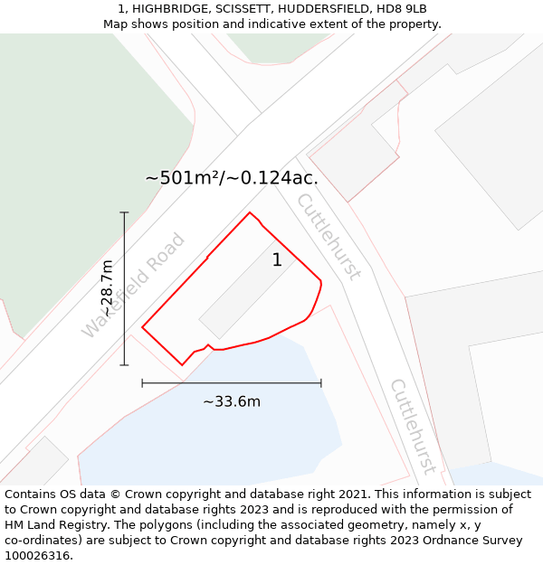 1, HIGHBRIDGE, SCISSETT, HUDDERSFIELD, HD8 9LB: Plot and title map