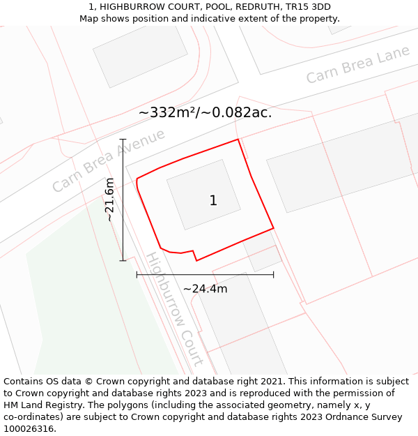 1, HIGHBURROW COURT, POOL, REDRUTH, TR15 3DD: Plot and title map