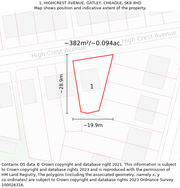 1, HIGHCREST AVENUE, GATLEY, CHEADLE, SK8 4HD: Plot and title map