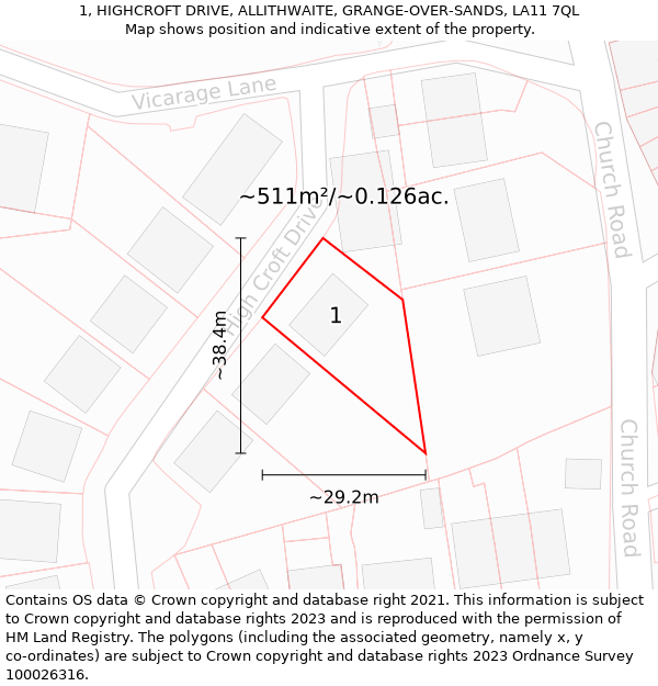 1, HIGHCROFT DRIVE, ALLITHWAITE, GRANGE-OVER-SANDS, LA11 7QL: Plot and title map