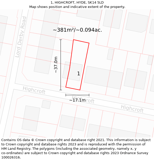 1, HIGHCROFT, HYDE, SK14 5LD: Plot and title map