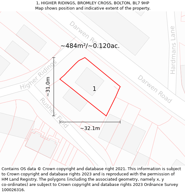 1, HIGHER RIDINGS, BROMLEY CROSS, BOLTON, BL7 9HP: Plot and title map