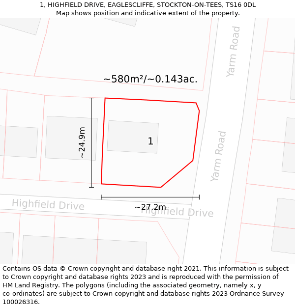 1, HIGHFIELD DRIVE, EAGLESCLIFFE, STOCKTON-ON-TEES, TS16 0DL: Plot and title map