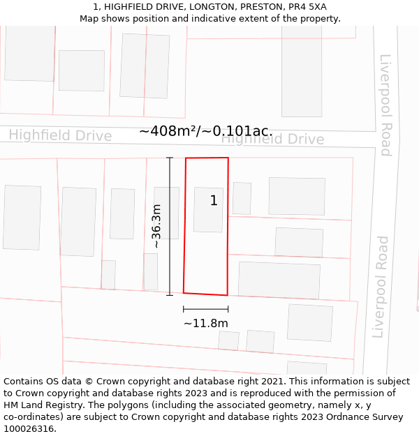 1, HIGHFIELD DRIVE, LONGTON, PRESTON, PR4 5XA: Plot and title map