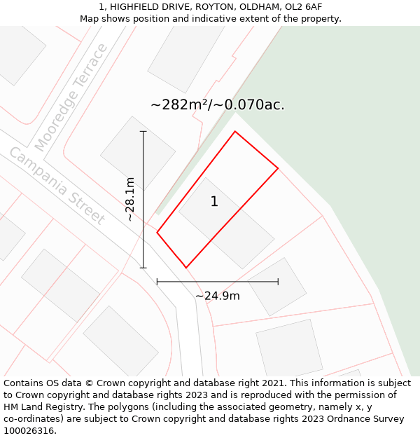 1, HIGHFIELD DRIVE, ROYTON, OLDHAM, OL2 6AF: Plot and title map