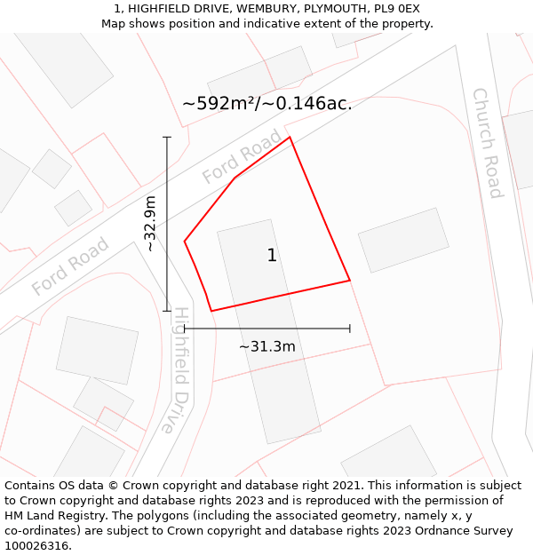 1, HIGHFIELD DRIVE, WEMBURY, PLYMOUTH, PL9 0EX: Plot and title map